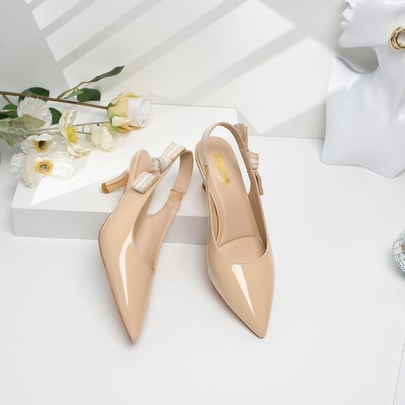 Women's Beige Leather High Kitten Heel Shoes Closed Pointed Toe Dress Pumps - Picture 8 of 9